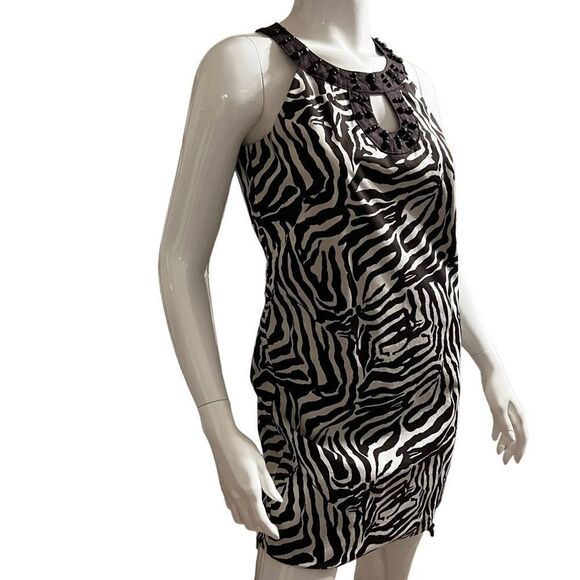 LOFT Mini dress Beaded Keyhole Neckline Sleeveless Brown & White size 4P - Picture 5 of 8